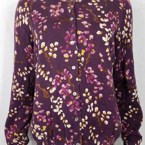 Lands' End purple yellow floral mother of pearl button up cardigan ladies Large - Picture 1 of 6